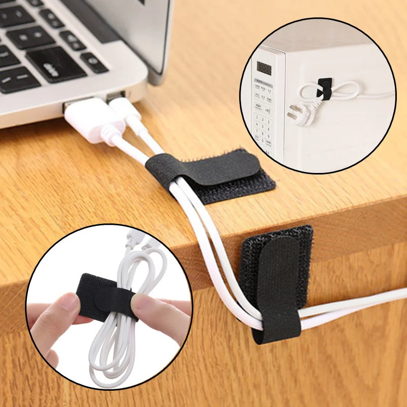 10pcs Data Cord Ties Nylon Hook Loop Self-adhesive Cable Organizer Desktop Tidy Wire Management Storage Strap Fastener Tape