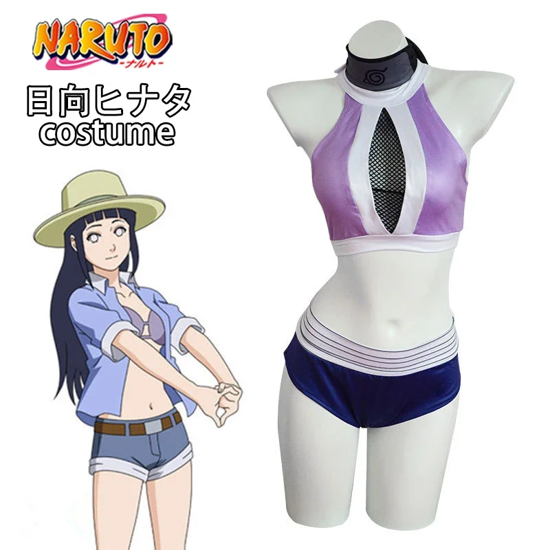 Anime Naruto kostiumy Cosplay Hyuga Hinata Sexy letnie stroje kąpielowe Bikini na plażę damska dziewczyna opaska rekwizyty do Cosplay impreza z