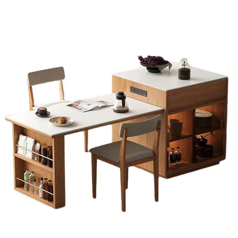 

All Solid Wood Oak Island Dining Table Integrated Household Retractable Small Apartment Log Style Kitchen