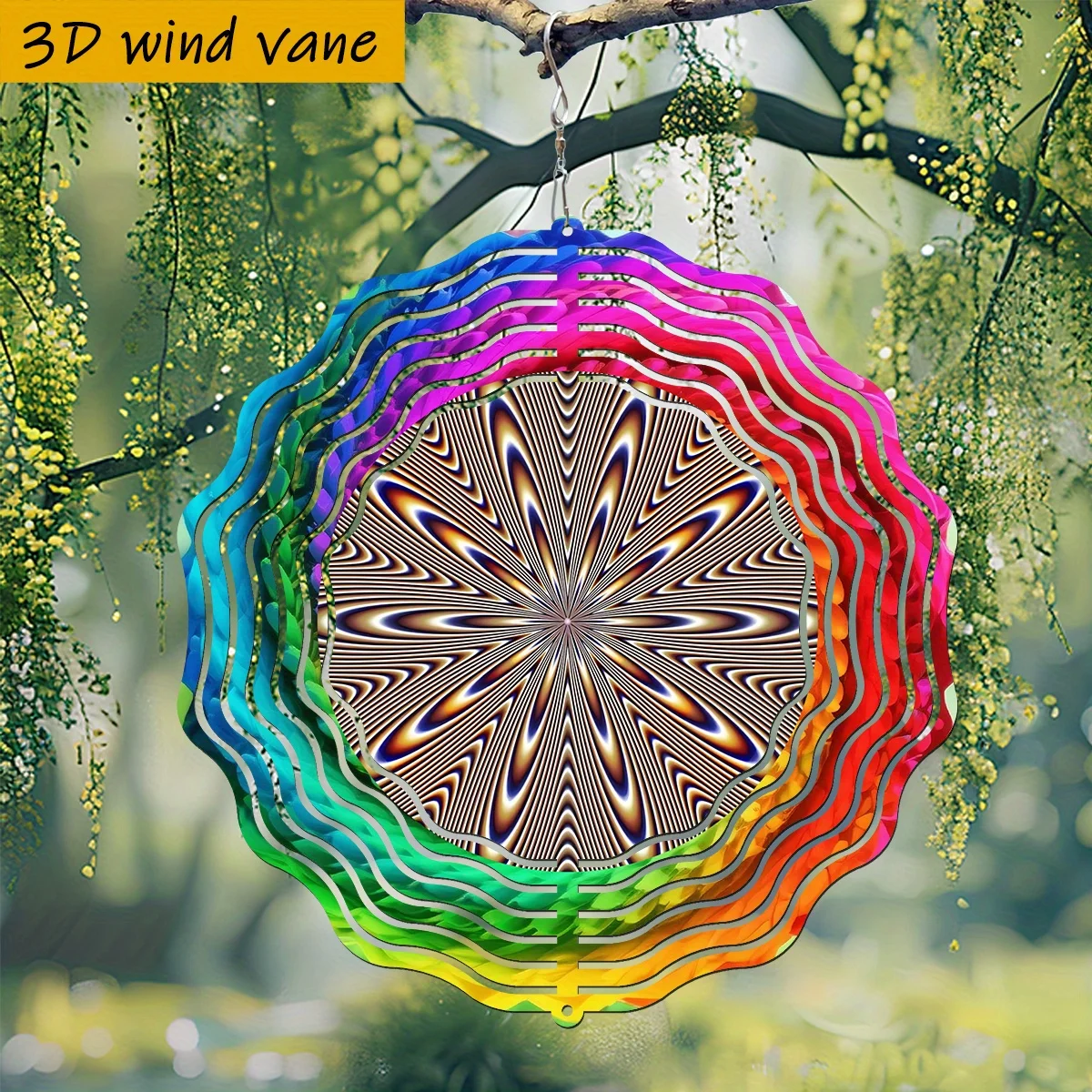 Rainbow Gradient 3D Metal Wind Spinner Rotating Wind Sculpture Garden Hanging Outdoor Decor
