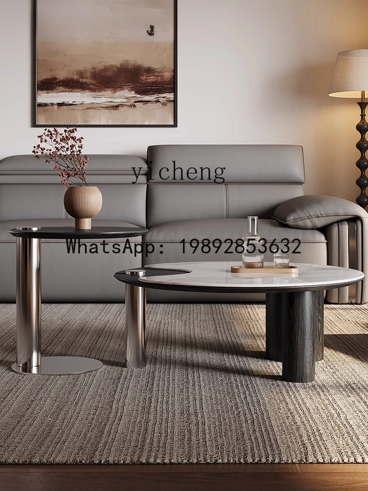 microcrystalline stone coffee table combination Italian minimalist round medieval stainless steel