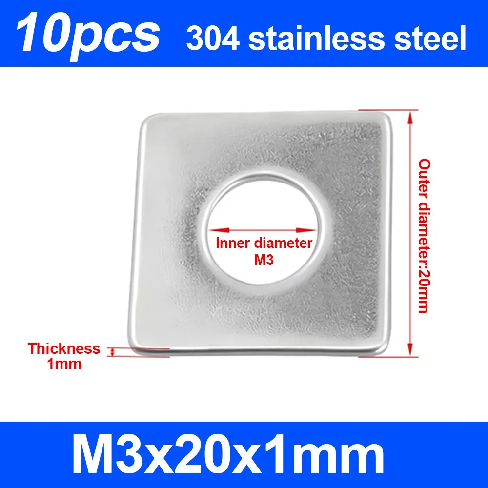 10Pcs M3-M20 Square Plate Washer 304 Stainless Steel Flat Surface Square Flat Washer Square Design Large Bearing Area