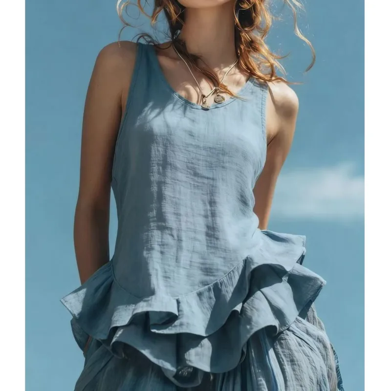 New Summer Vest Women's U Neck Asymmetrical Ruffled Hem Sleeveless Loose Ruffled Shirt Casual Commuting Elegant Wearing Shirt