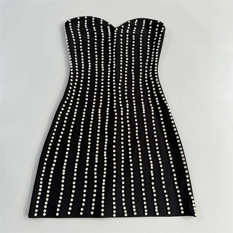Mini abito da fasciatura per feste con perline di diamanti di lusso alla moda 2025 Abiti da cocktail party per celebrità aderenti con spalline sexy nere estive