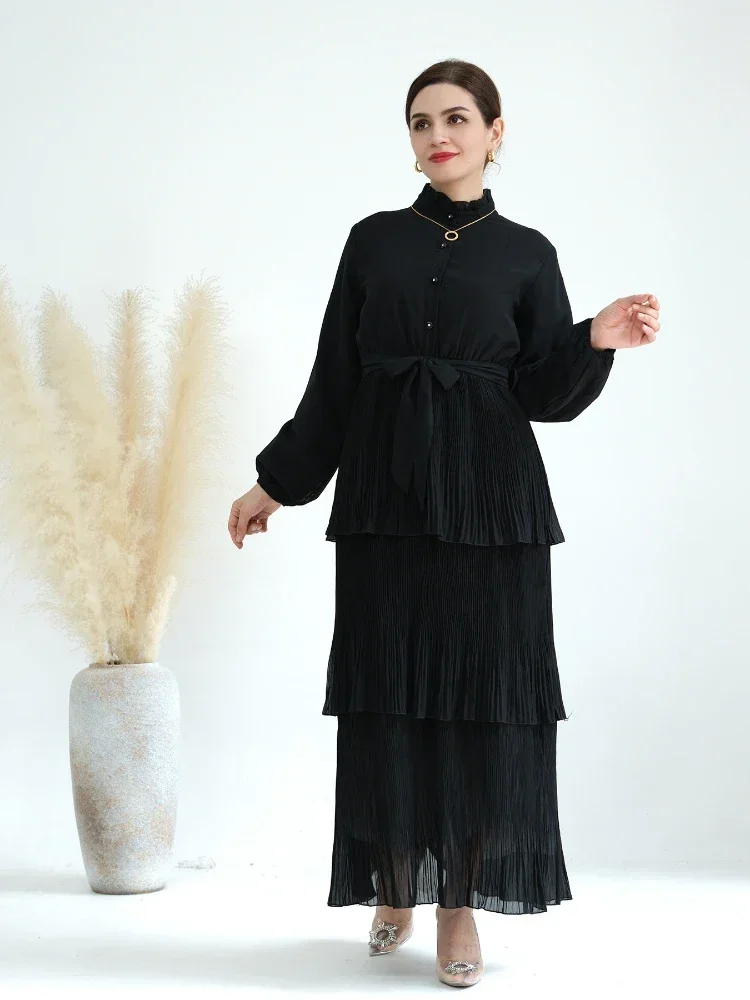 Eid Muslim 3 Layers Cake Dress Women Pleated Abaya Turtleneck Jalabiya Lace-up Morocco Party Dresses Kaftan Vestidos Long Robe