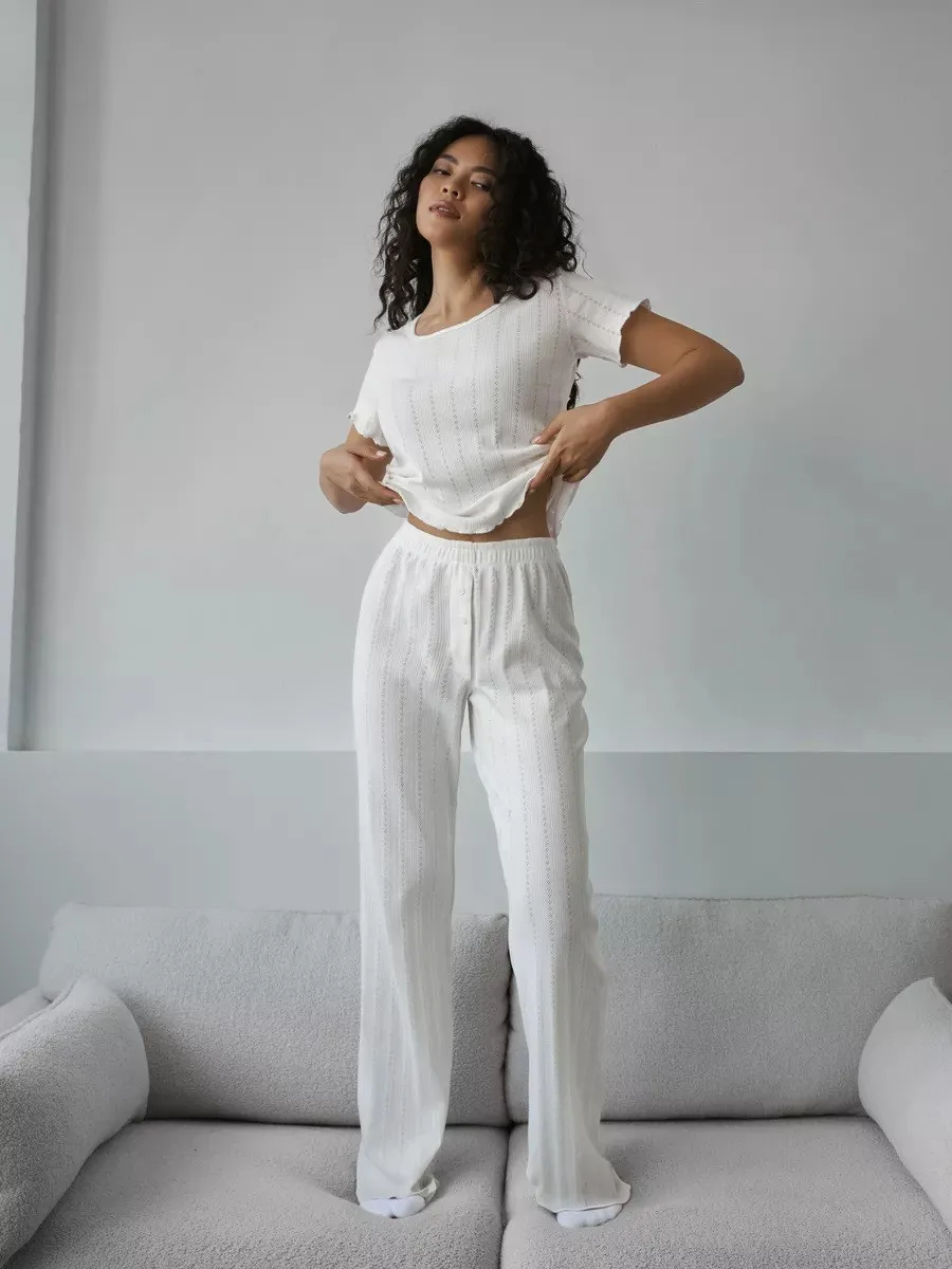 Spring Summer Women's Clothing Pajama Sets Loungewear Sets Woman Short Sleeve Top Long Pants Cotton Homewear Set Pure Color