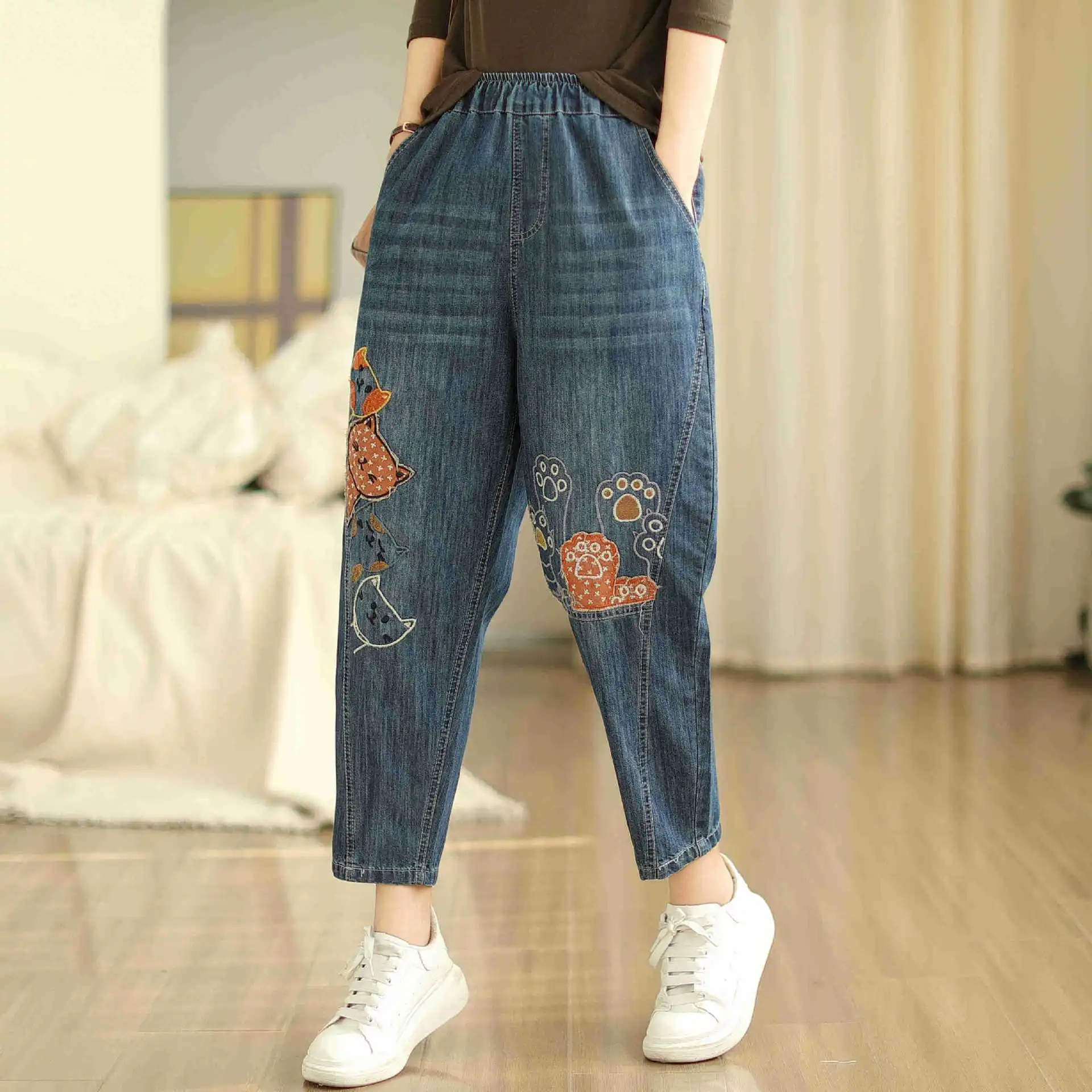 Aricaca Women Casual Denim Summer Pants M-2XL Embroidery Denim Pants For Women