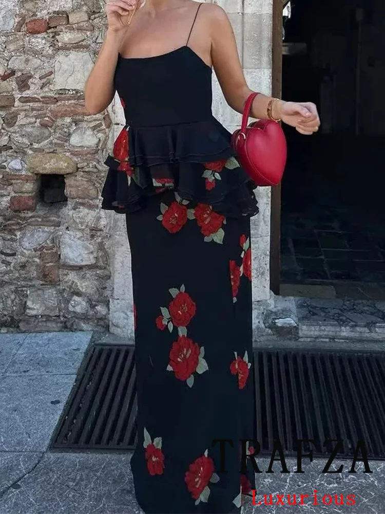 

TRAFZA Sexy Chic Flower Print Women Suit Cami Sleeveless Ruffles Vest Long Straight Skirt New Fashion 2025 Summer Holiday Sets