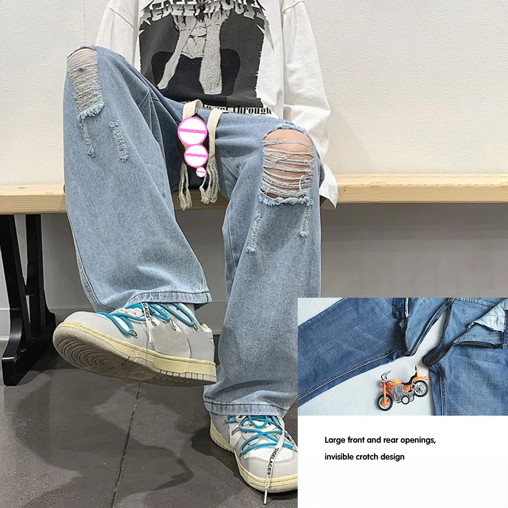 Invisible Open Crotch Outdoor Sex Pants Men Beggar Ripped Jeans Summer Thin High Street Clothing Loose Straight Ruffian Handsome