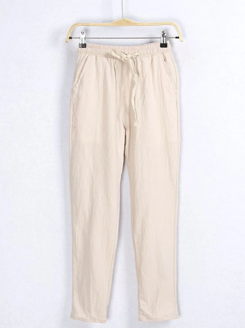 캐주얼 코튼 린넨 바지 벨트가있는 신축성있는 허리 대형 편안한 긴 바지 작은 물고기 컷 라벨 Dr Haunt
