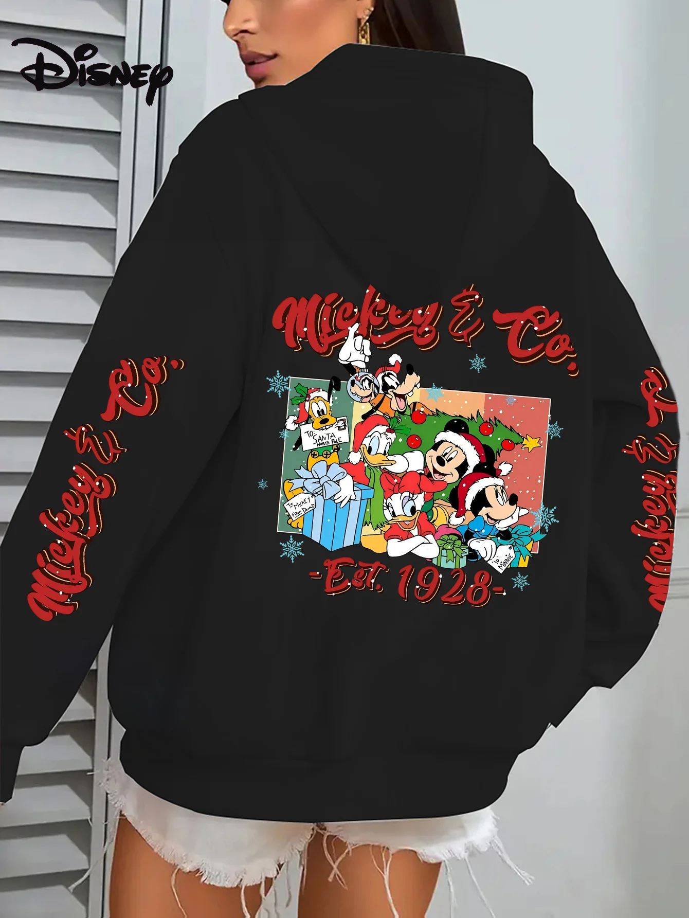 Felpa con cappuccio natalizia retrò Disney da donna di Topolino e Minnie 1928 Felpa con cappuccio rossa del Festival di Topolino, Minnie, Paperino