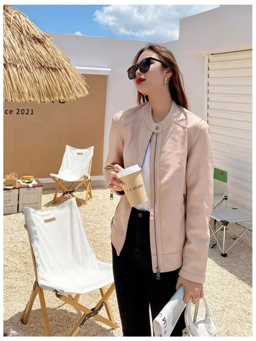 2024 Spring Autumn Style Round Neck Casual Fashion Slim Fit Versatile PU Leather Jacket Trendy Motorcycle Leather Jacket Women