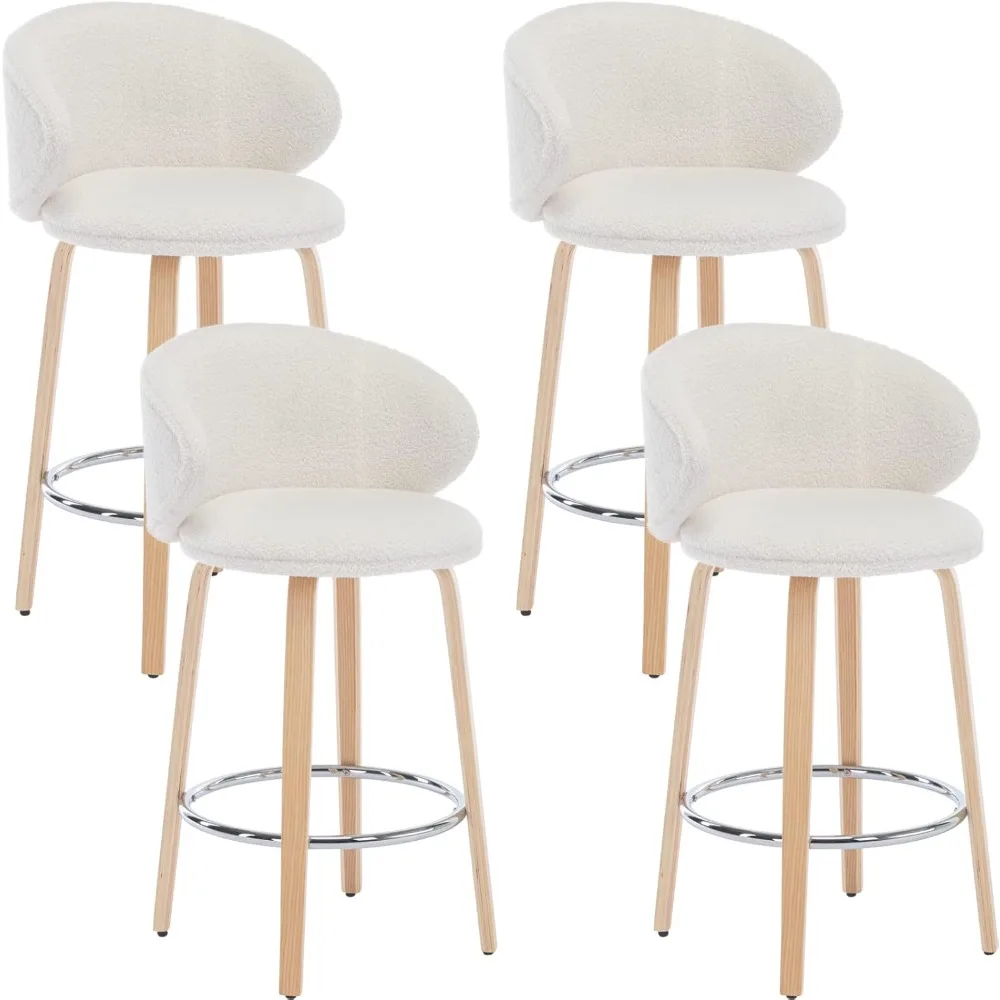 Stools Set of 4, 26 Inch Counter Height Sherpa Barstools Wooden Legs, Chairs Barrel Backrest Kitchen Island Dining Room, White