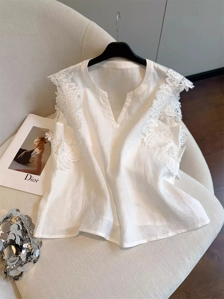 

Faionable Heavy Embroidery V-Ne Hollow Lace Trim irt Casual Thin Summer Women's Loose Fit Svel Top