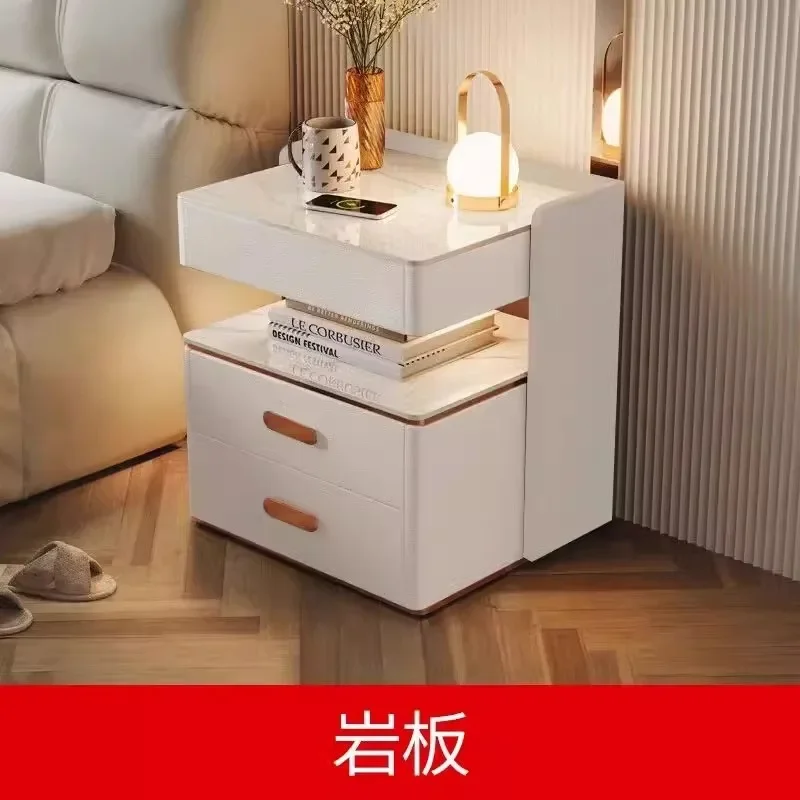 Solid Wood Smart Bedside Table Simple Charging Modern Light Luxury Multi-functional Advanced Home Bedroom Rock Slab Bedside Tabl