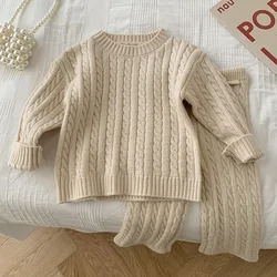 2024 Autumn Spring Kids Knitted Clothing Set Long Sleeved Solid Color Pullover Sweater+Pants Korean Style Baby Girl Clothes Suit