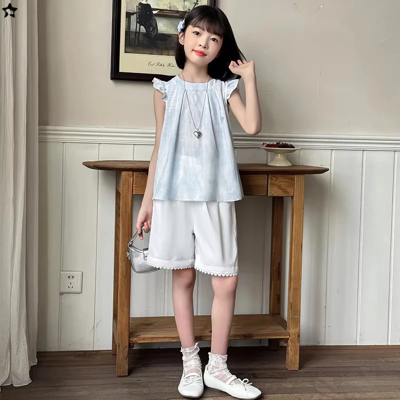 Girls Summer Sweet Suit for Girls Cute Top with Shorts 2 Pieces Clothes Set with Lace Bottom Kids Casual Tracksuit Clothing Suit
