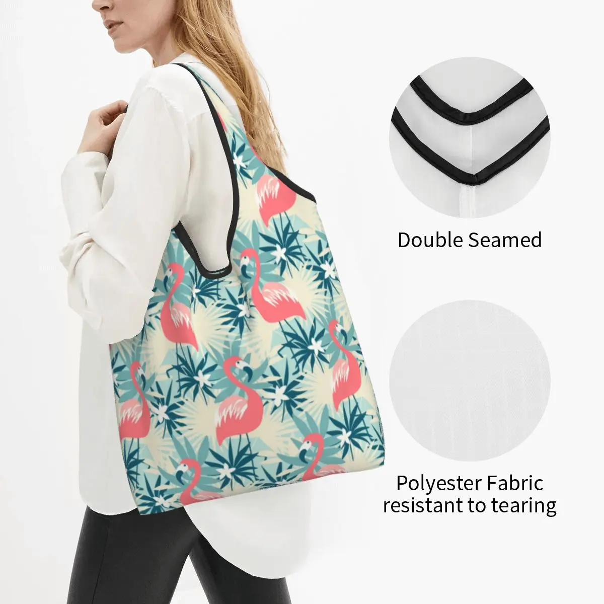 Flamingo Tropical Plants Grocery Shopping Tote Bag Women Kawaii Shoulder Shopper Bag Large Capacity Handbag