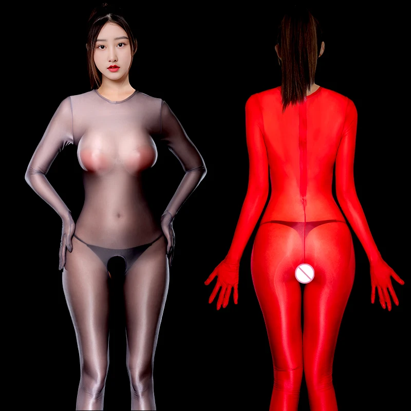 

Hot Sexy Oil Shiny Bodysuit Women Open Crotch Jumpsuit Glossy Leotard Tights See Through Bodystocking Erotic Role Play Costumes