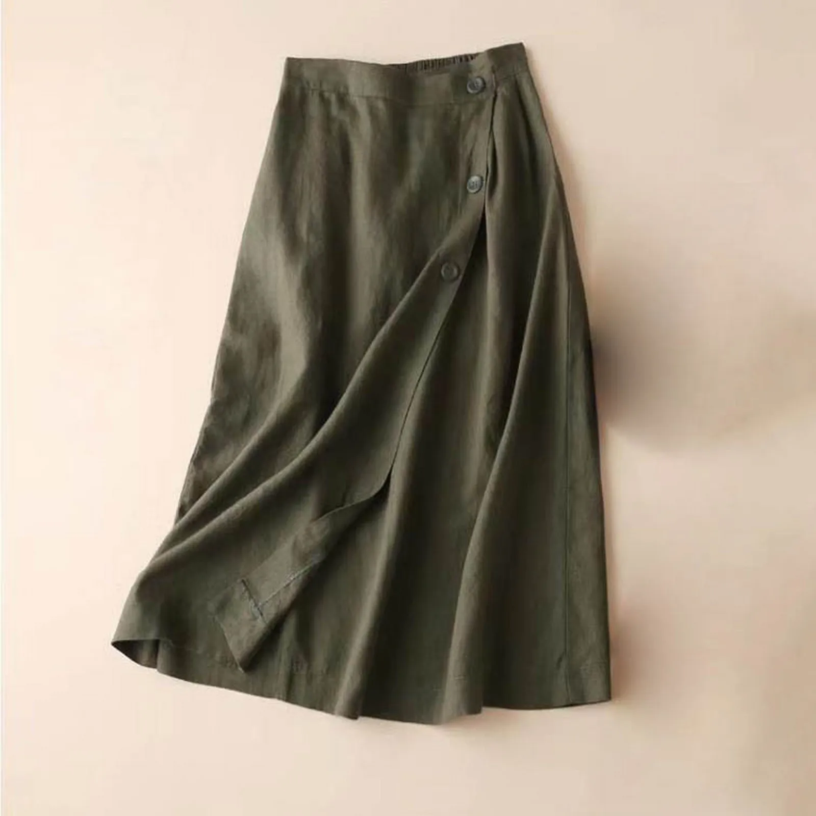 Summer Skirts For Women Street Skirt Cotton Linen Fashion Midi Skirt 2023 Elegant Pure Color High Waist Buttons Split Midi-Calf