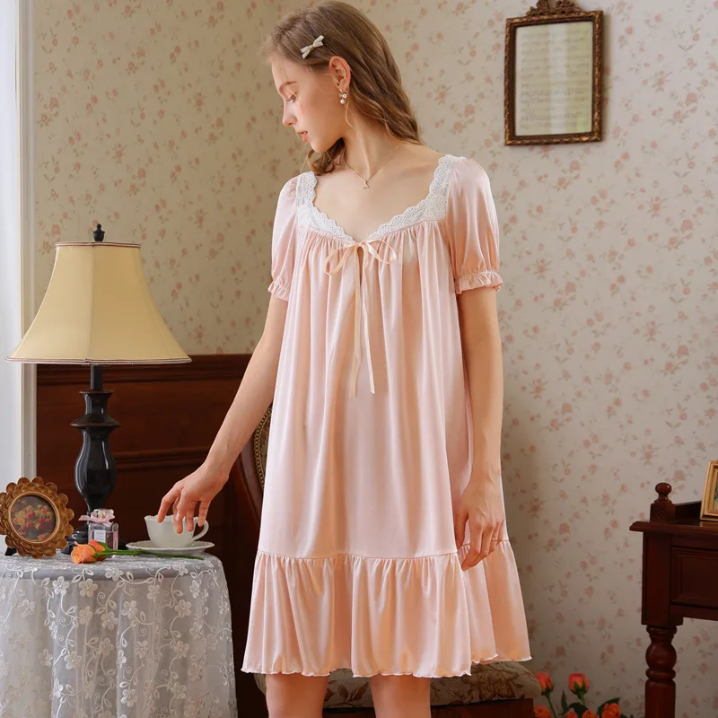 

Women Summer Short Sleeves Nightdress Loose Design Knee-Length Nightgowns Princess Vintage Lace V-Neck Sleepwear Nighie New