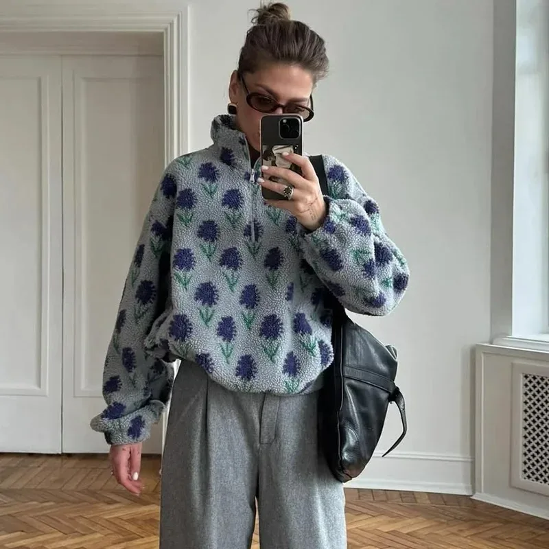 

Зимние повседневные офисные худи для женщин с принтом, имитацией меха ягненка, винтажные, модные, с цветочным узором, контрастные, свободные пуловеры на осень