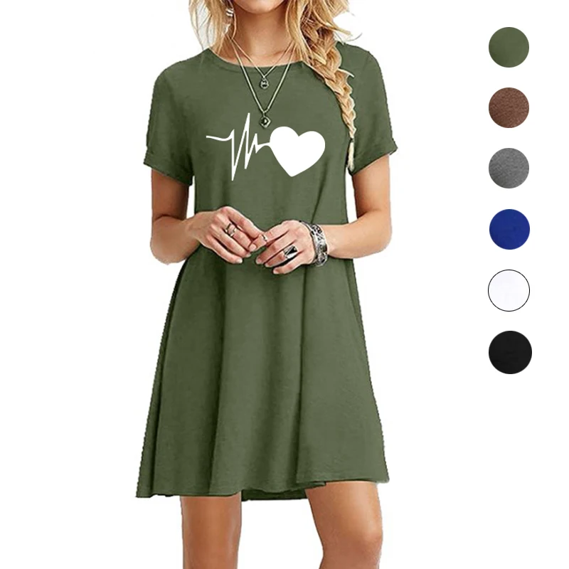 

Summer Elegant Women Midi Dress Solid Color O Neck Office Dresses Casual Short Sleeve Chic A-Line Basic Cotton Loose Clothes