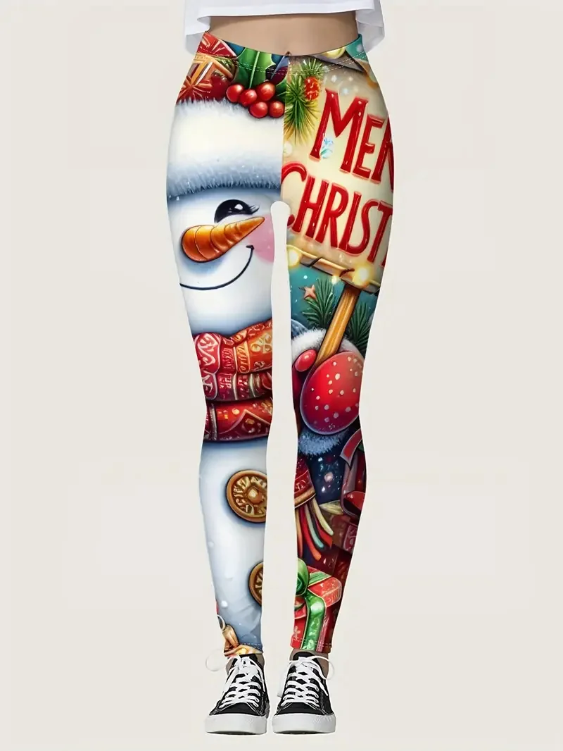 سروال يوجا برسومات الزنجبيل لعيد الميلاد للنساء، نمط سانتا كلوز اللطيف، سروال مرن للحفلات والمهرجانات، كاجوال عالي الخصر #3