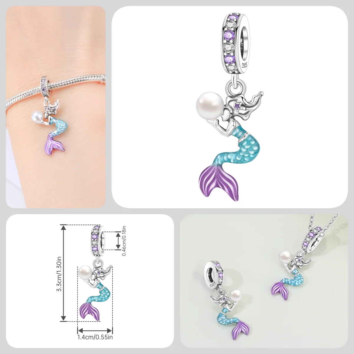 Blauer Charm, 925er Sterlingsilber, Ozeanperlen, Betta-Fisch-Anhänger, Geburtstagsfeier, Geschenk für Frauen, Armband, Halskette, DIY-Perlen, Schmuck – Detail 4