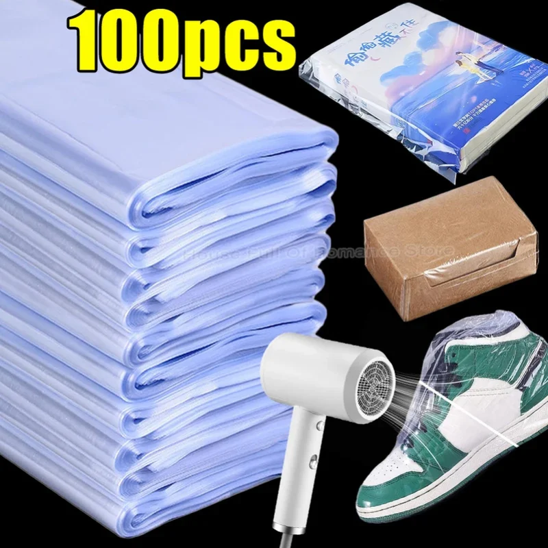 100pcs  Shrink Wrap Bags PVC Clear Heat Shrink Film Bag for Shoes Books Soap DIY Crafts Waterproof Mould Proof Heat Hair Dryer