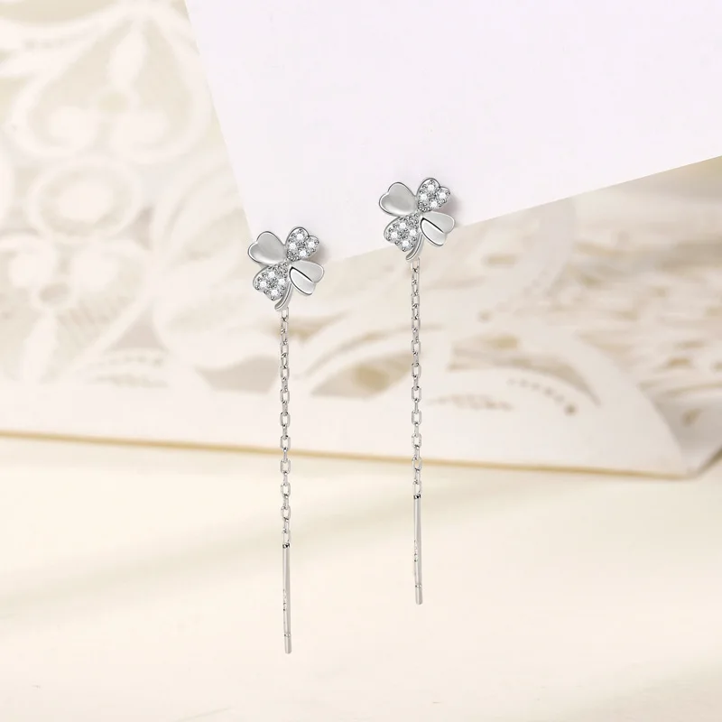 Brand 925 Sterling Silver Four Leaf Clover Earrings Korean Style Clover Tassel Earrings for Women Temperament Trefle Ear Wire