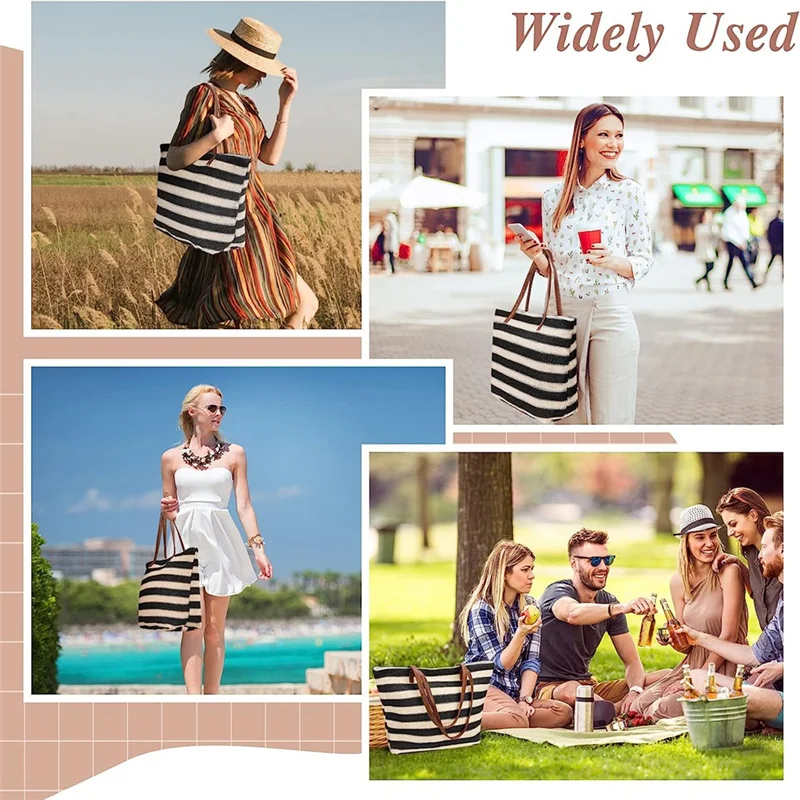 

FX-Large Straw Bag Beach Tote Bag With Zipper Beach Handbag With Stripe Woven Shoulder Bag Black