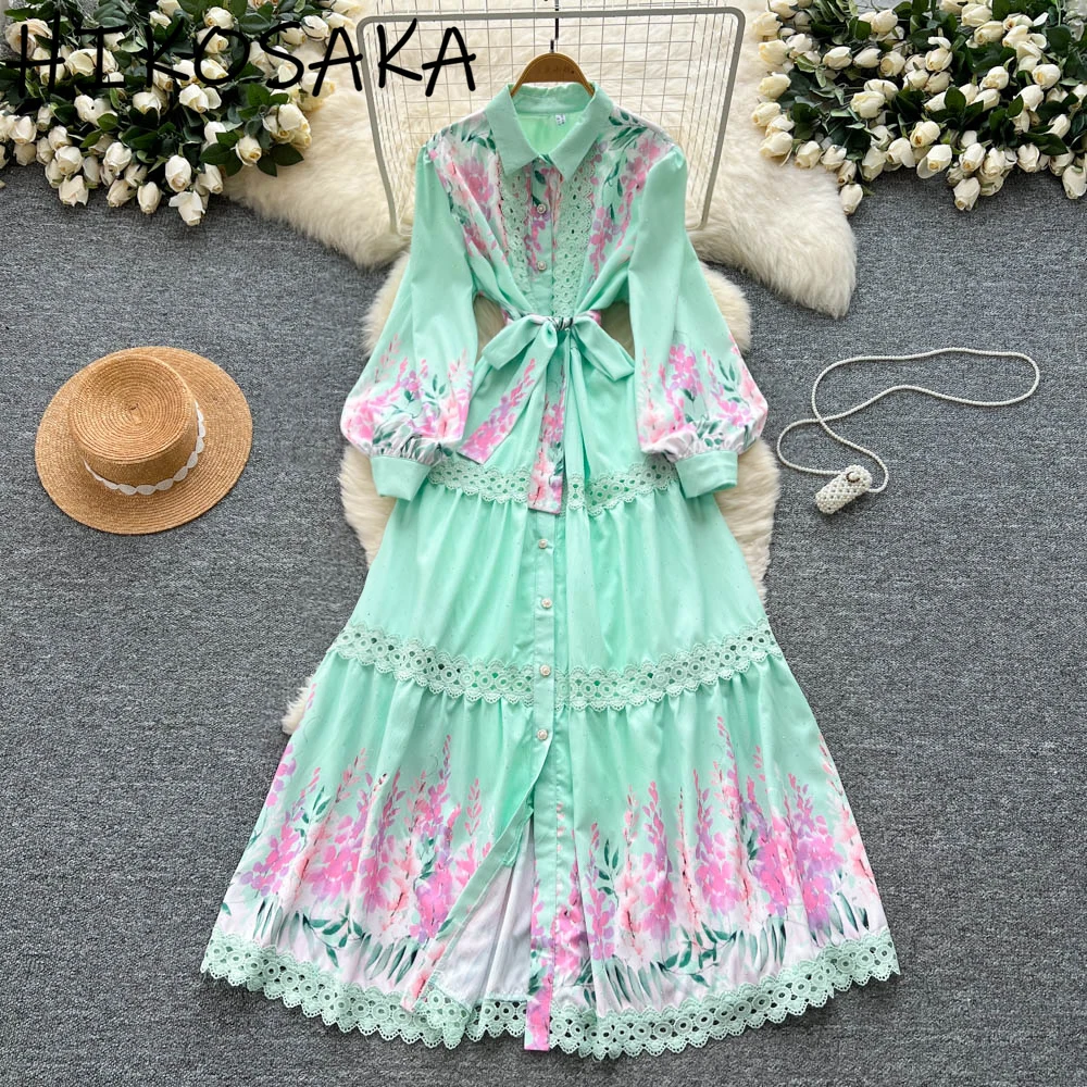 

Vintage Court Style Lantern Sleeve Dress Summer Hollow Out Hook Flower Lace Up Slim Waist Robe Fresh Print Big Swing Vestidos