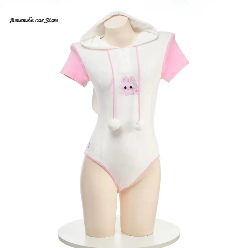 Cute Rabbit Embroidery Printed Hoodie Bodysuit Women Anime Girl Costumes Cosplay Hairball Role Play Underwear Pink Outfit Pajama