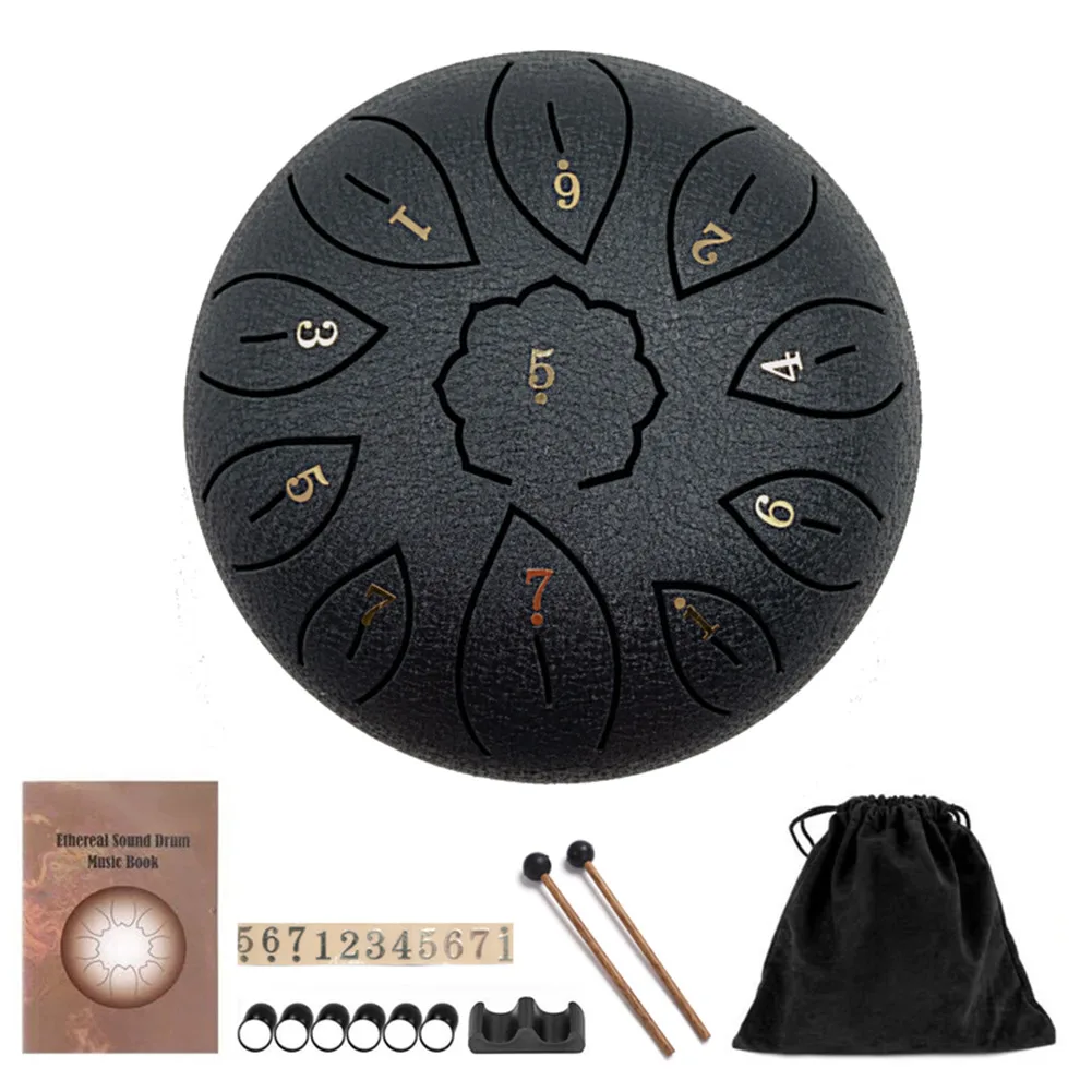 6 inch Steel Tongue Drum 11 Tune Notes Percussion Musical Instrument Hand Pan Tank Drum with Bag Drumsticks Sticker for Children