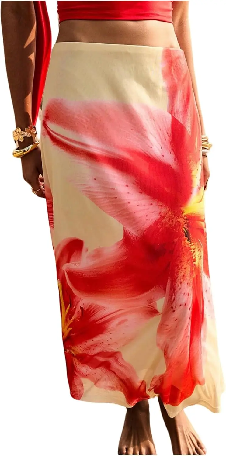 Luxy Trio Gonna floreale da donna con orlo dritto, gonne lunghe estive, elementi essenziali per le vacanze al mare