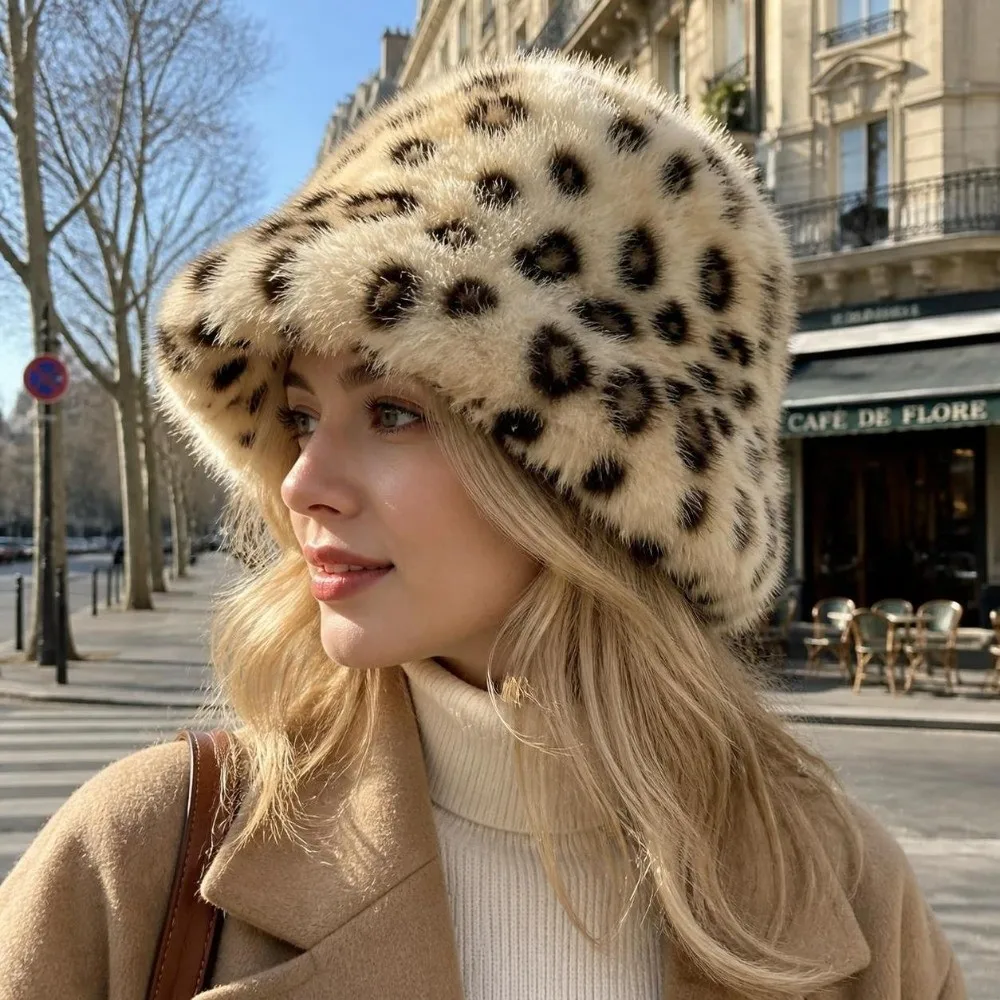 2-Piece Set Rolled Brim Faux Fur Bucket Hat Face-Slimming Windproof Winter Head Neck Accessories Soft Cross-tie Scarf Set