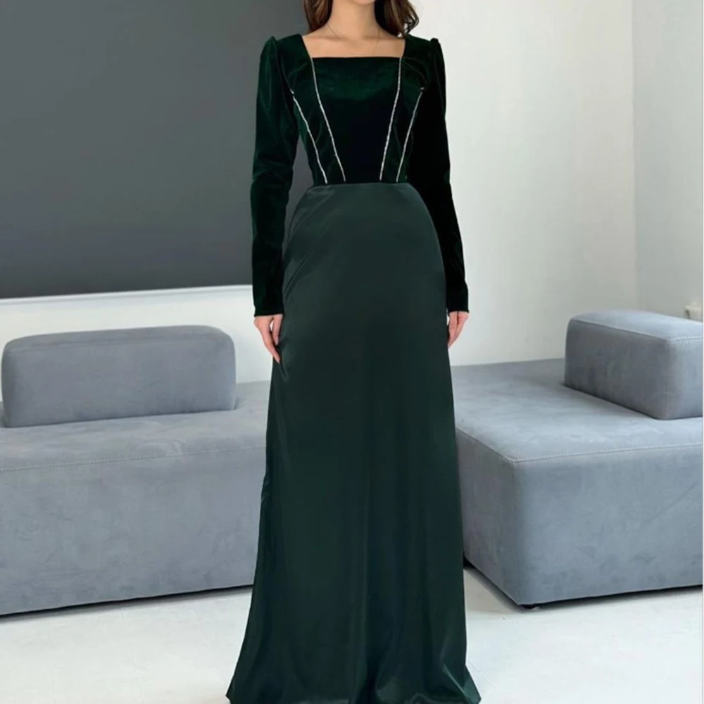 

Customized Square Collar Velour A-line Green Beading Evening Dresses Full Sleeves Back Lace-up Floor Length Pageant Prom Gown