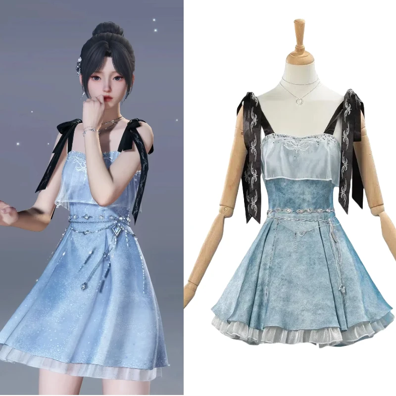

Game Love and Deepspace Cosplay Costume Women Controller Blue Spaghetti Strap Dress with Accessories Role Play Outfit Party