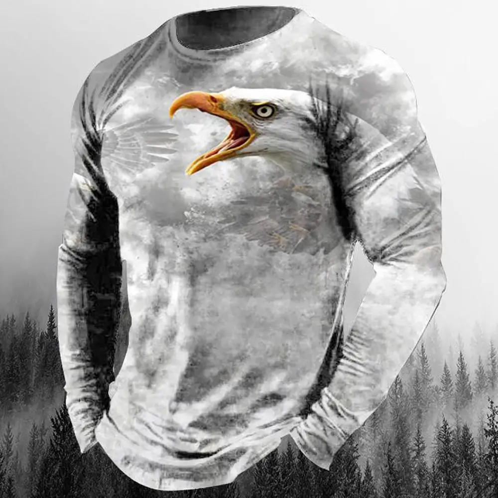 2024 New Men's Eagle Print Graphic Casual Long Sleeve T-Shirt Autumn Streetwear 3D Animal Print Hip Hop Men's Tops T-Shirt