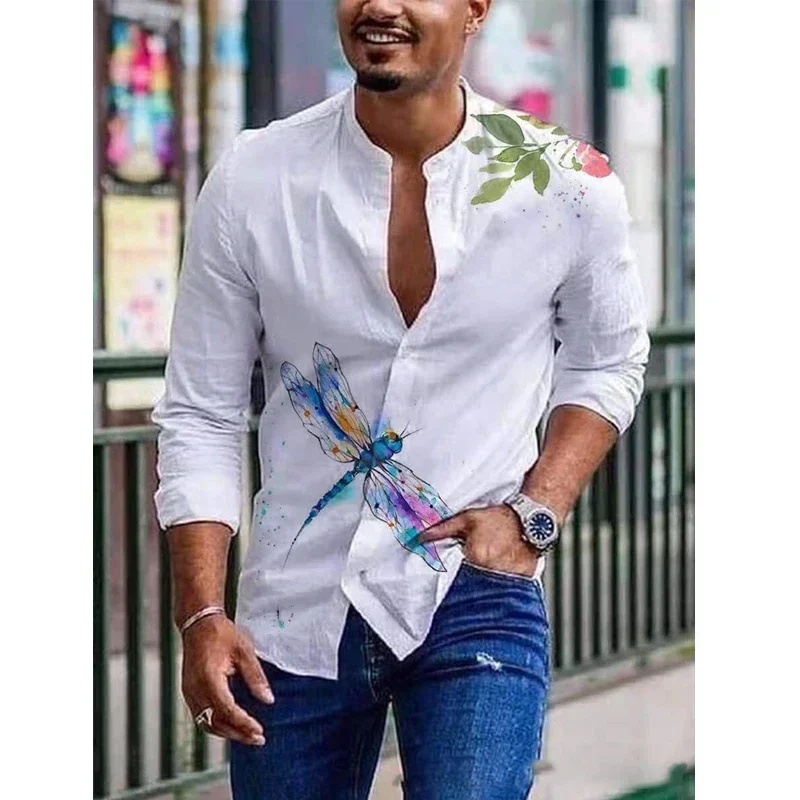 

Men Shirts Spring Summer Vintage Printed Long-sleeved Thin Button Imitation Linen Loose Shirt For Men Large Size Casual Clothes