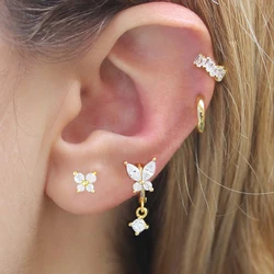 4PCS Exquisite Zircon Butterfly Hoop Earrings Set for Women Gold Plated Irregularity Crystal Pendant Cartilage Piercing Jewelry