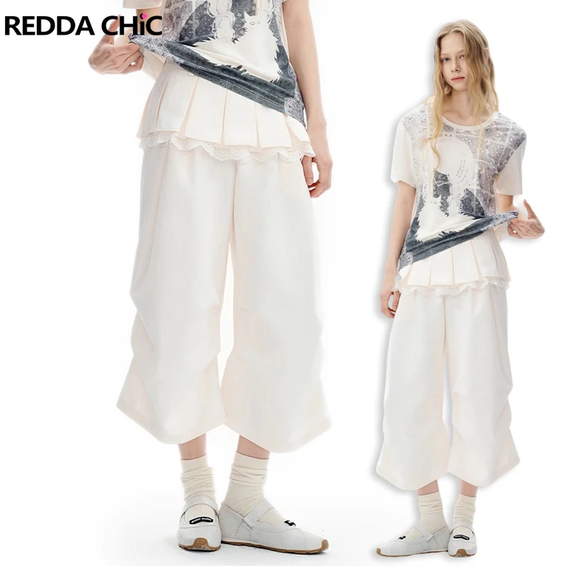 

REDDACHiC женское искусственное платье из двух частей, короткие брюки, белая кружевная отделка, плиссированные брюки-бермуды с эластичной резинкой на талии, рабочая повседневная одежда