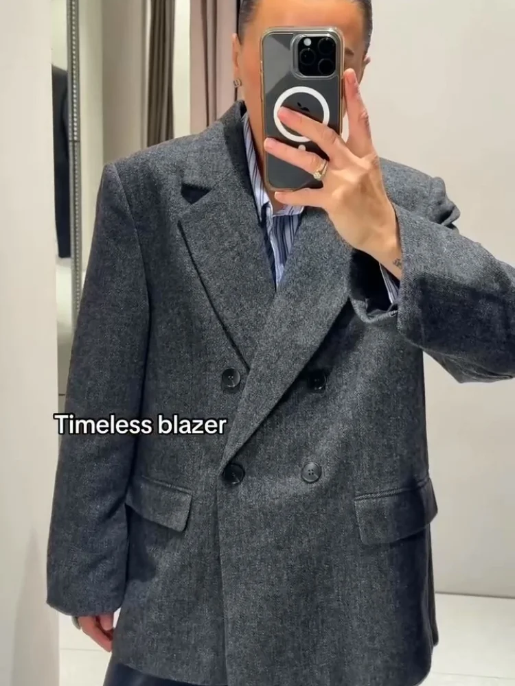 سترة صوفية رمادية أنيقة للنساء معطف فضفاض بأكمام طويلة وطية صدر السترة للسيدات موضة خريف 2025 معاطف للسيدات للمكتب #2