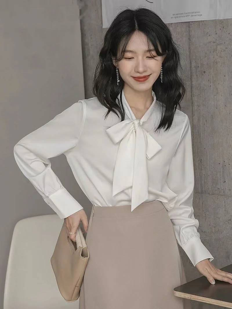

Long Sleeve Shirts Womens Korean Style Satin Buttoned Blouses Decorative Ruffles Turn Down Collar Feminine Minimalist Preppy