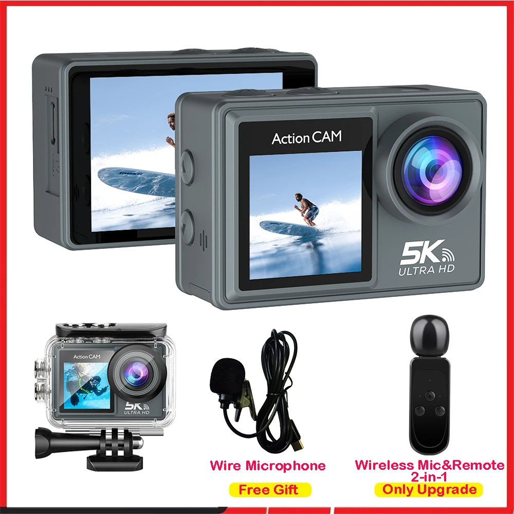 5K 4K60FPS Action Camera Dual IPS Touch LCD DVR EIS 170° 30M Waterproof 5X Zoom Sport Camera With Wireless Mic&Remote Control