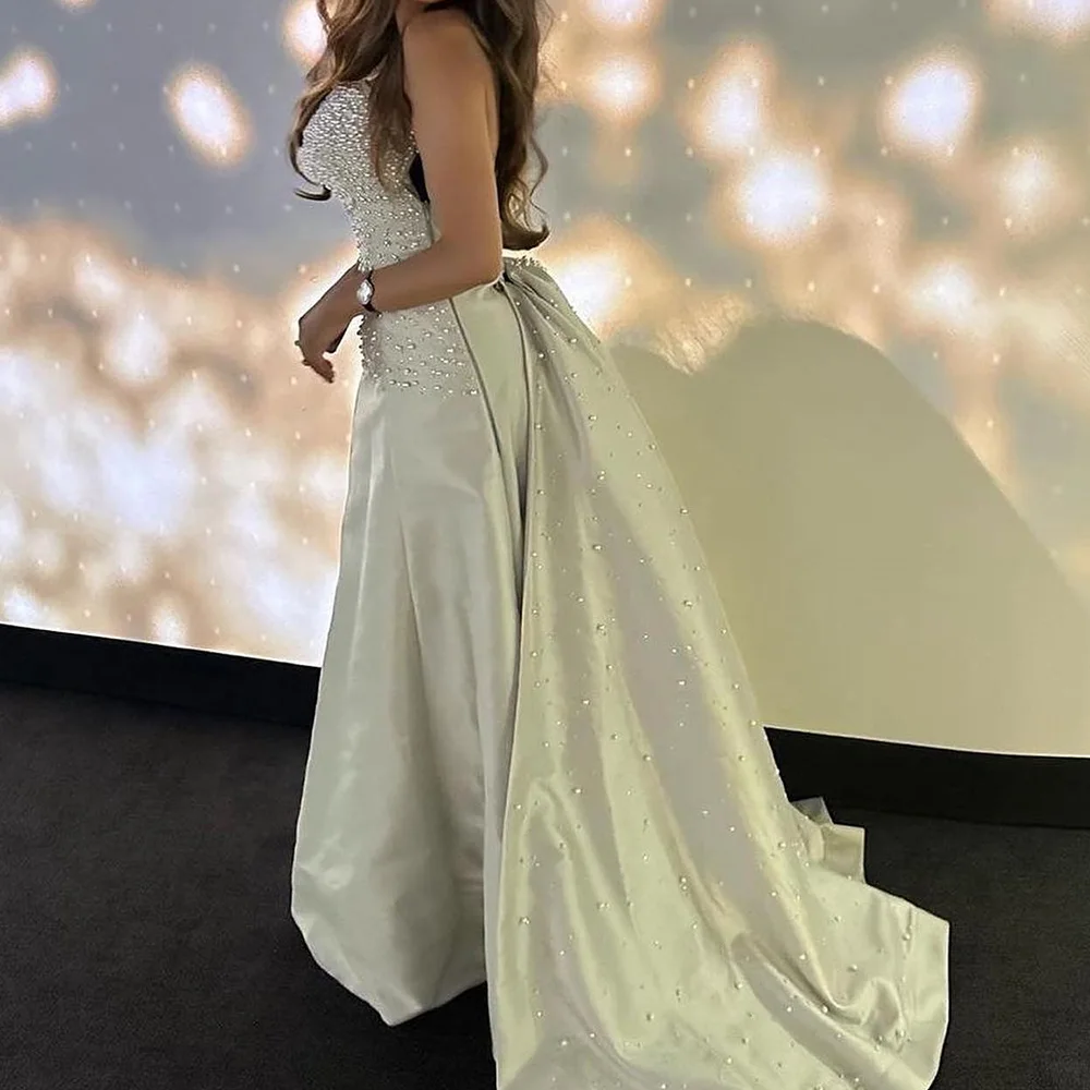 Customized Exquisite Satin A-Line Pearls Evening Dress High Quality Floor Length Strapless vestidos para mujer