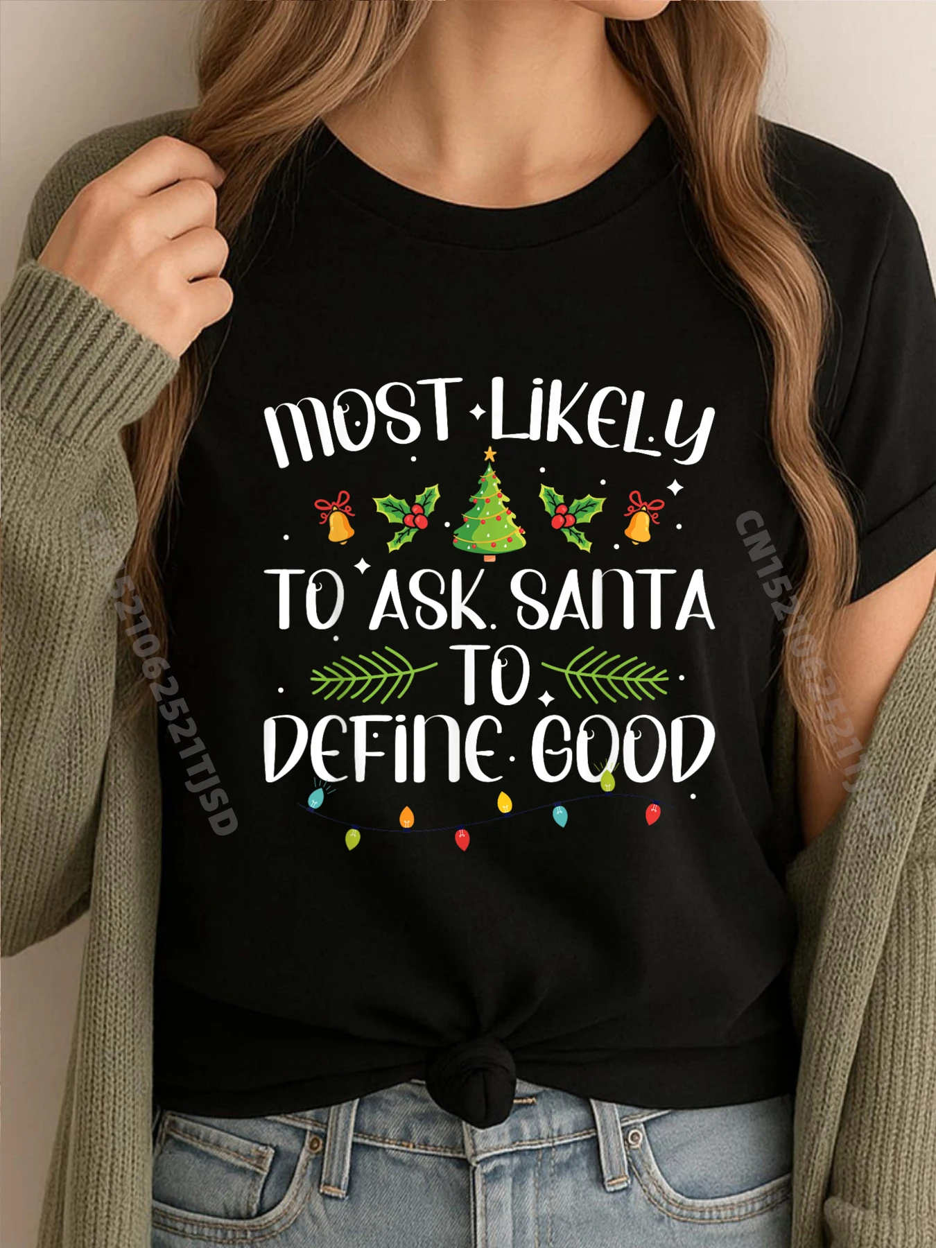 

Самое спокойно спросить Santa Define Good Family Рождественские розовые футболки с рисунком Белая женская футболка