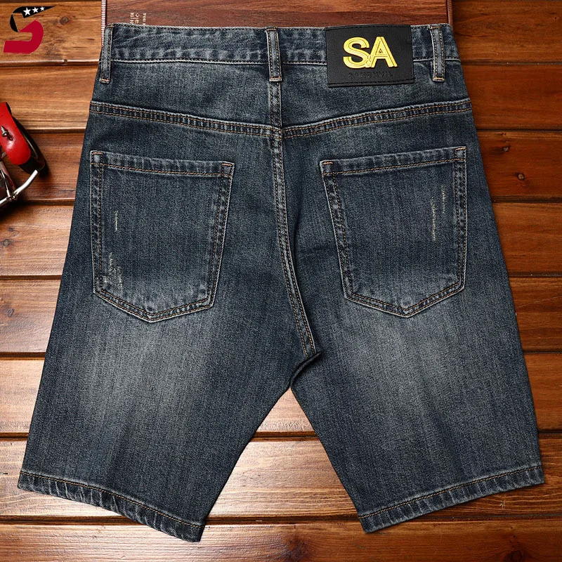 High-end fashion ripped patch denim shorts men's slim fit stretch fashion Korean style blue retro fashionable fifth pants