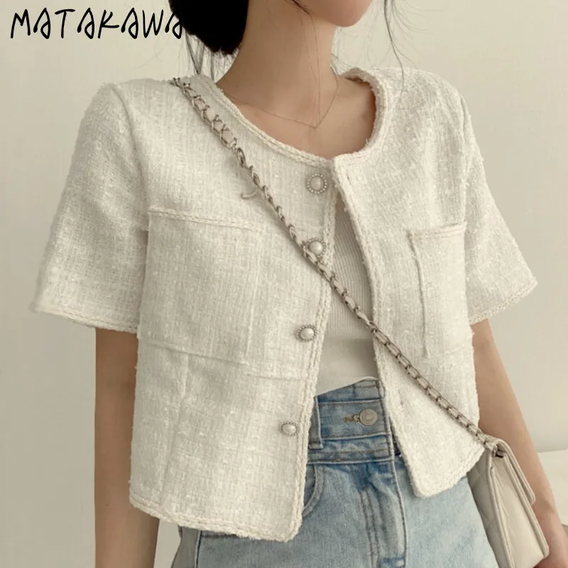 Matakawa Tweed Dünne Jacken Frauen Plaid Frühling Sommer Süße O Neck Koreanische Mode Chic Chaqueta Mujer Elegante Kurze Outwears